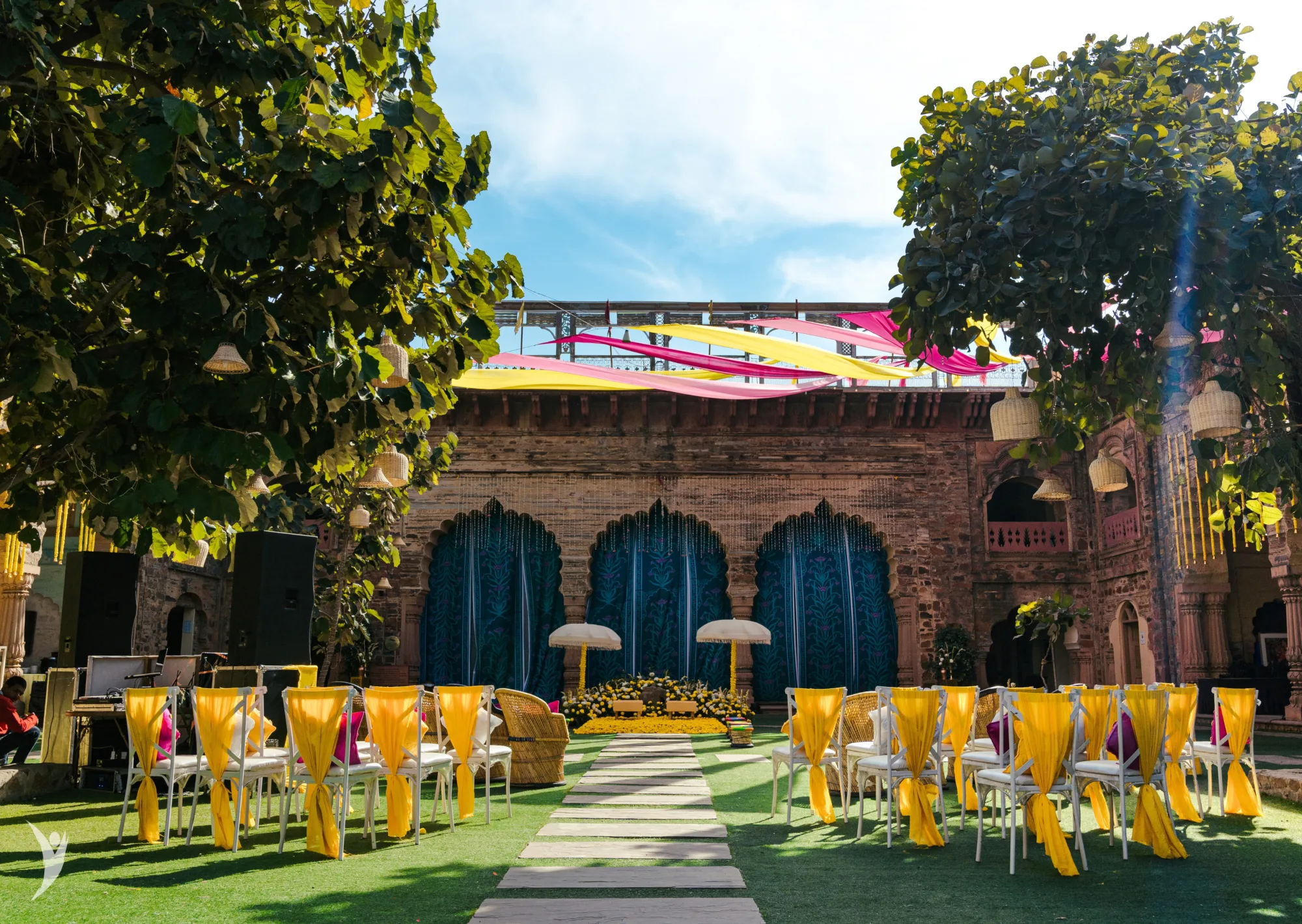 A luxury wedding at Tijara Fort Palace, Rajasthan — the fort courtyard